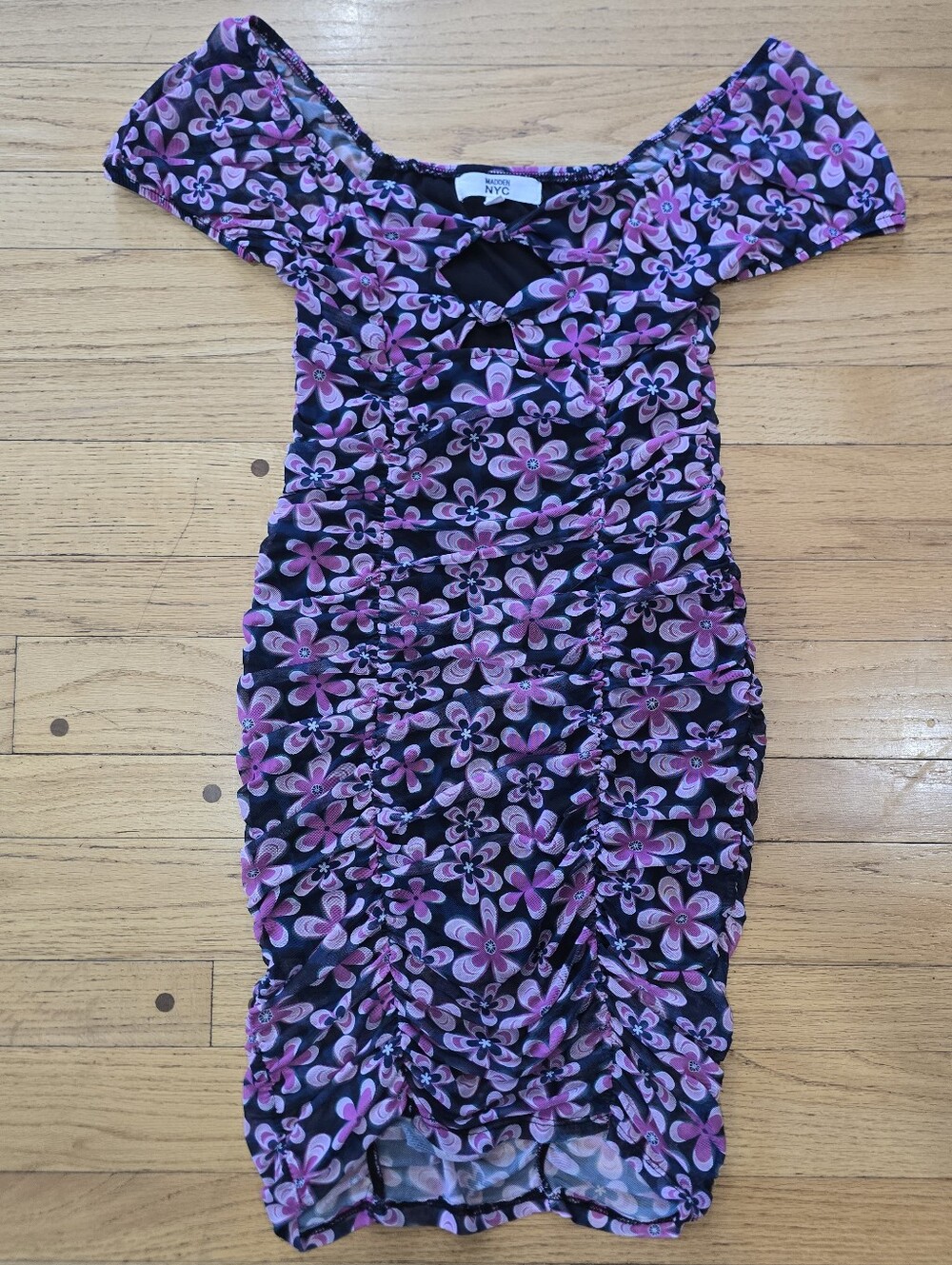 Madden NYC Pink Purple Floral Ruched Mesh Mini Dress S